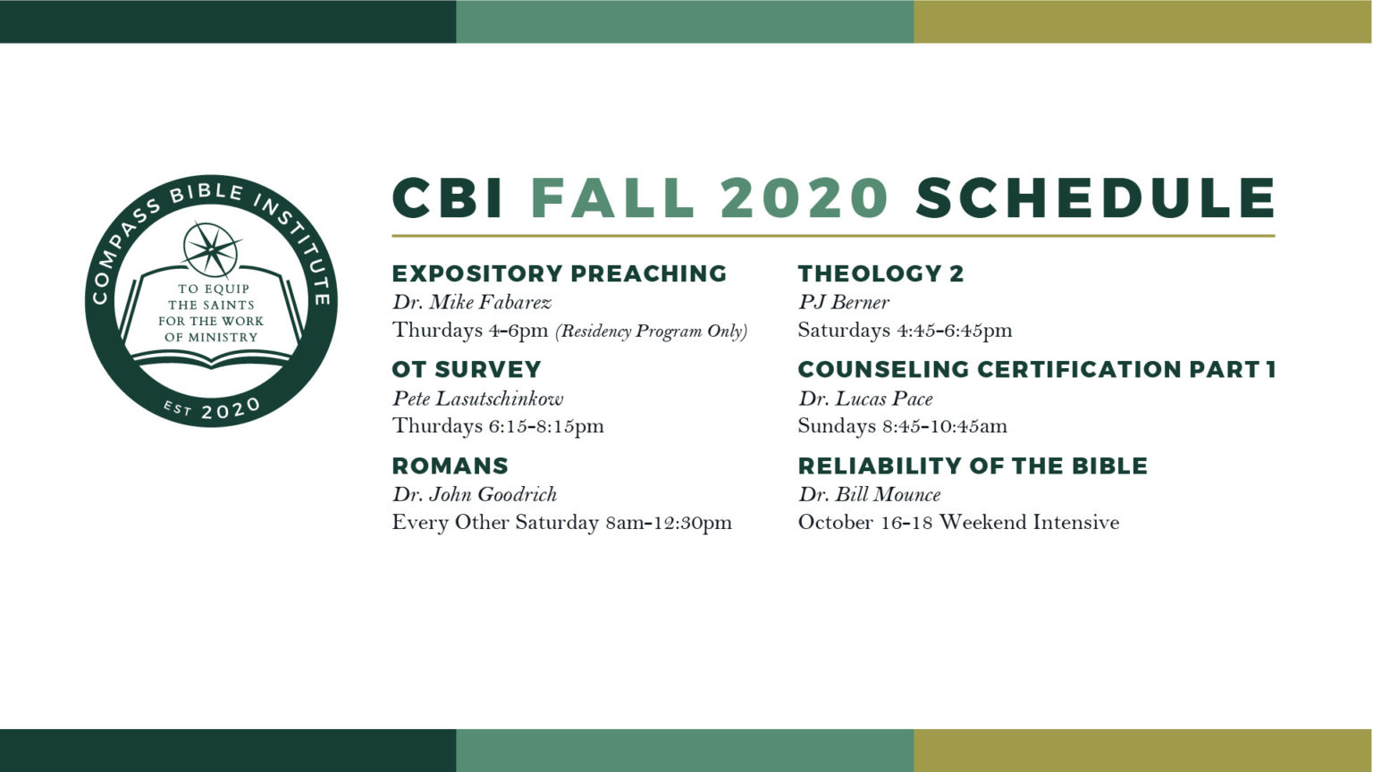 Compass Bible Institute Fall 2020 Semester Schedule Compass Bible Church